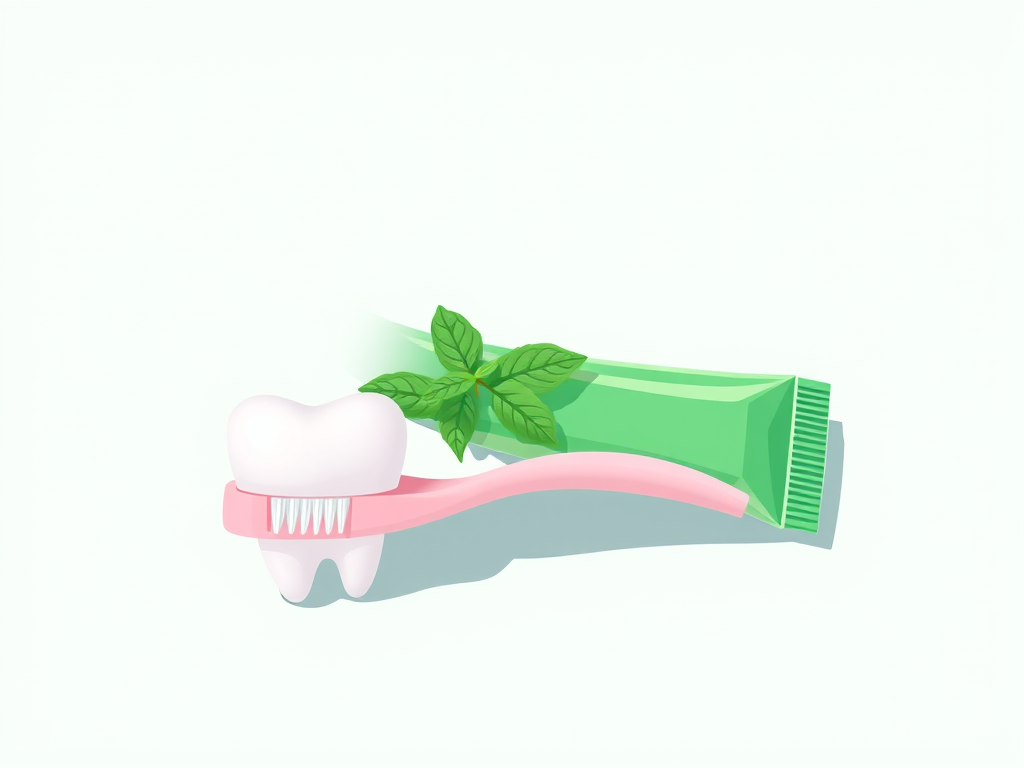 Generate an illustrated image of a toothbrush with mint toothpaste, a green toothpaste tube, and a white tooth against a plain background; use a Canon EOS 5D Mark IV, 50mm lens, f/2.8 aperture, ISO 100, with soft natural lighting for enhanced quality.