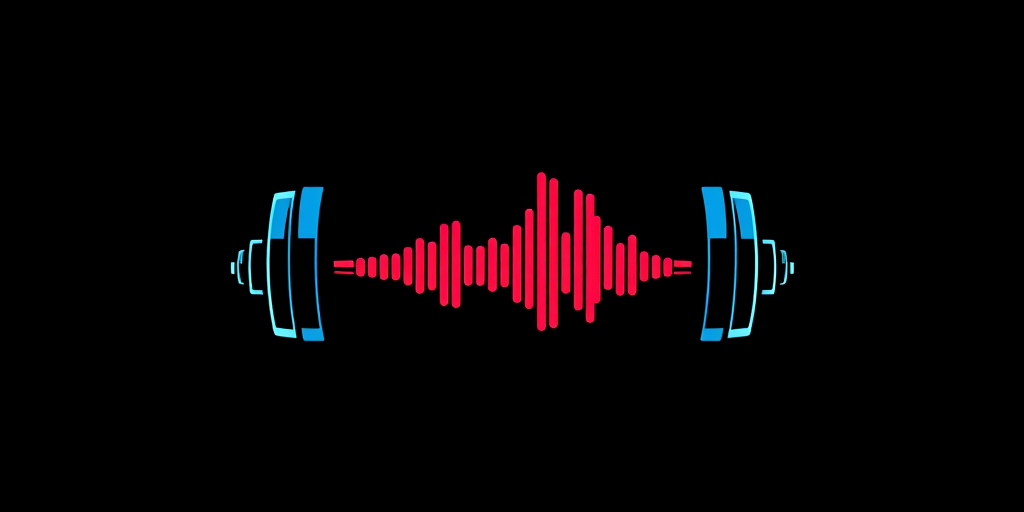 Create a vibrant fitness logo featuring a weight bar and soundwave design with a black background, using a DSLR camera with a 50mm lens, f/2.8 aperture, ISO 100, and a slight vignette effect for enhanced depth.