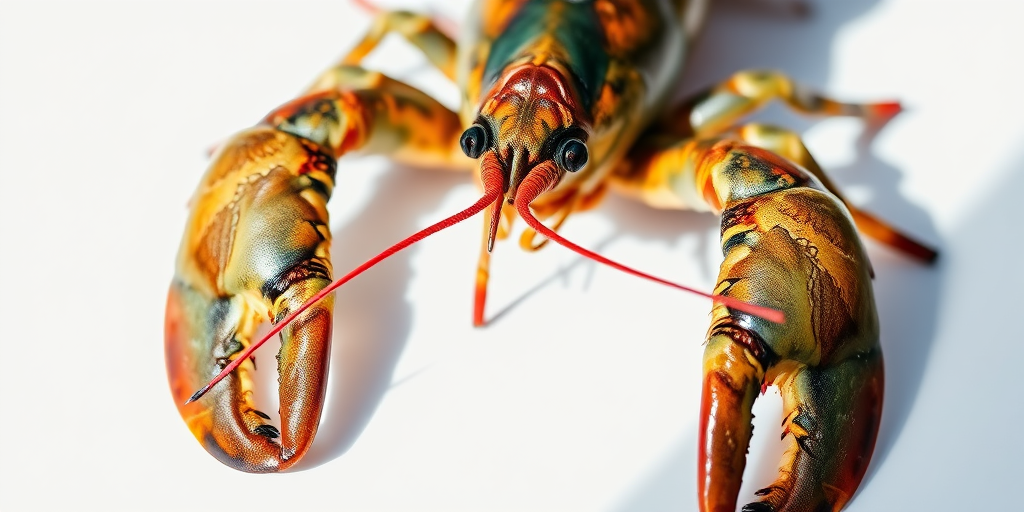 capture a highly detailed close-up of a lobster on a pure white background using a DSLR camera with a 50mm f/1.8 lens, aperture set to f/8, ISO 100, and a shutter speed of 1/200s, featuring soft natural lighting and a slight shadow to enhance depth