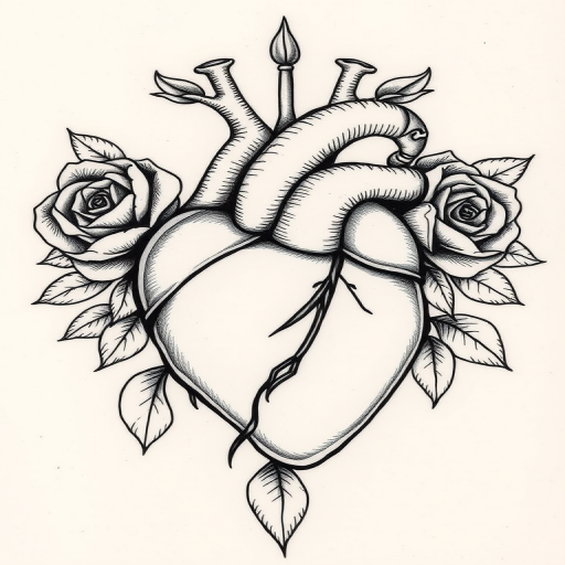 Vintage etching-style tattoo showcasing a detailed anatomical heart intertwined with blooming roses, rendered in fine line work and subtle shading for a timeless monochromatic piece