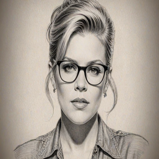 Captivating Natalie Maines, pencil sketch, portrait of Lovely woman 1942s in glasses, hair style beatnik, outline, clear lines, fine lines, 8k