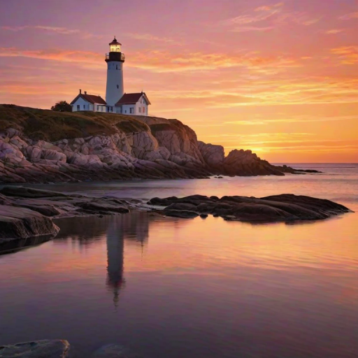 Generate an image of a tall lighthouse perched on a rocky outcrop surrounded by calm ocean waters during a breathtaking sunset. The lighthouse stands sturdy and weathered, its stone surface illuminated by the warm golden light of the setting sun. The sun's rays pass directly through the glass lantern room at the top of the lighthouse, casting a brilliant light across the scene. The sky is painted with vibrant shades of orange, pink, and purple, reflecting off the tranquil sea. The surrounding water shimmers with the same warm hues, creating a serene and majestic atmosphere.