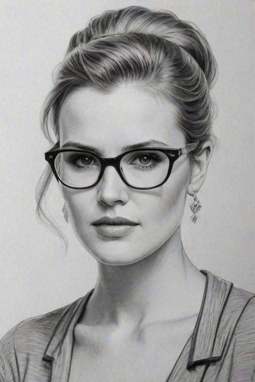 Enchanting Maggie Grace, pencil sketch, portrait of Ravishing woman 1941s in glasses, hair style beatnik, outline, clear lines, fine lines, 8k