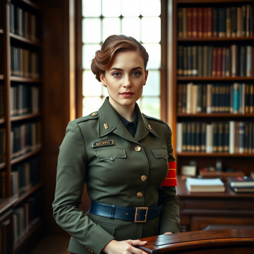 A woman in a vintage military-style uniform with a red armband stands confidently beside a wooden desk in a library filled with books, natural lighting, aperture f/2.8, ISO 100, 50mm lens, portrait orientation, shallow depth of field, soft focus background.