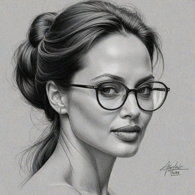 Radiant Angelina Jolie, pencil sketch, portrait of Magnificent woman 1954s in glasses, hair style beatnik, outline, clear lines, fine lines, 8k