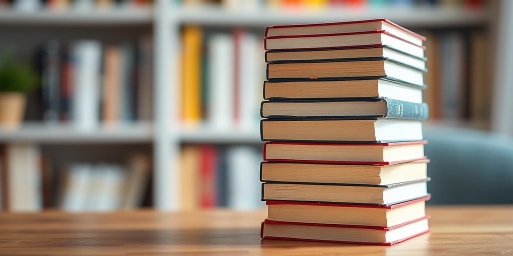 Create a high-resolution image of a stack of books with a soft focus background, using a DSLR camera with a 50mm lens, aperture set to f/1.8, ISO 200, and natural lighting for a warm effect.