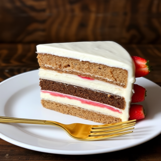 A slice of layered cake on a white plate with a gold fork beside it featuring chocolate vanilla and strawberry layers with smooth frosting and a rustic background