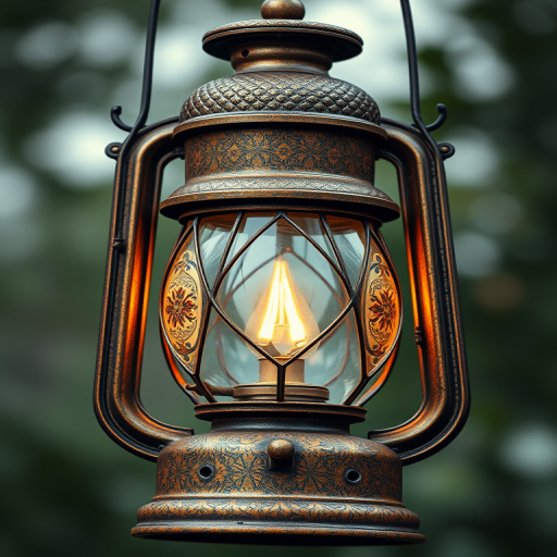 Generate an intricately detailed vintage lantern illustration with a focus on textures and patterns, using a Canon EOS 5D Mark IV camera, 50mm lens, aperture f/2.8, natural lighting for enhanced depth, and a shallow depth of field to create a soft background.