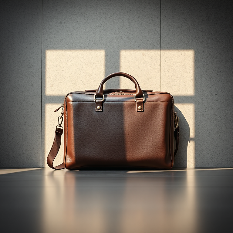 Create a high-resolution image of a stylish briefcase placed on a flat surface with soft natural lighting, shot with a 50mm lens at f/2.8 for a shallow depth of field, using a DSLR camera from a top-down view to emphasize texture and details.