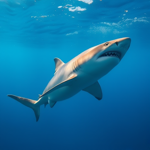 Underwater photograph of a shark swimming gracefully in clear blue water, captured with a Canon EOS R5, 24mm lens, f/8 aperture, ISO 200, 1/200 sec shutter speed, in a vibrant, detailed style.