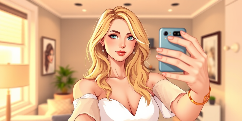 Create a high-resolution illustration of a woman with blonde hair wearing a white dress, taking a selfie in a modern, stylish room with warm lighting, use a virtual camera setting of f/2.8 aperture, 1/60 shutter speed, and 100 ISO, in a portrait mode with a focus on the subject's face and a softly blurred background.