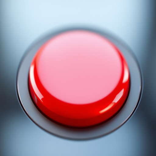 Create an image of a glossy red button with a circular gray border, using a DSLR camera with a 50mm lens at f/2.8 aperture, ISO 100, shot from a front view, in soft natural lighting to enhance depth and reflection.