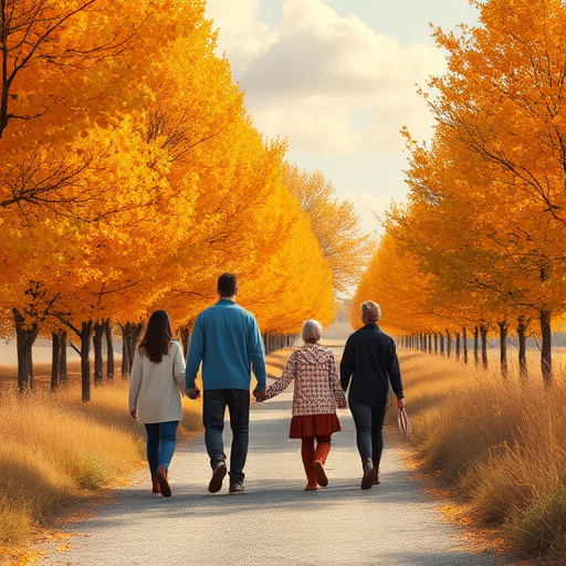 Create a digital illustration of a family of five walking hand in hand down a serene pathway in autumn, vibrant trees lining the sides, warm color palette, soft sunlight filtering through clouds, camera settings: f/4, ISO 100, shutter speed 1/200s, camera view: wide angle, camera style: cinematic, camera type: digital mirrorless.