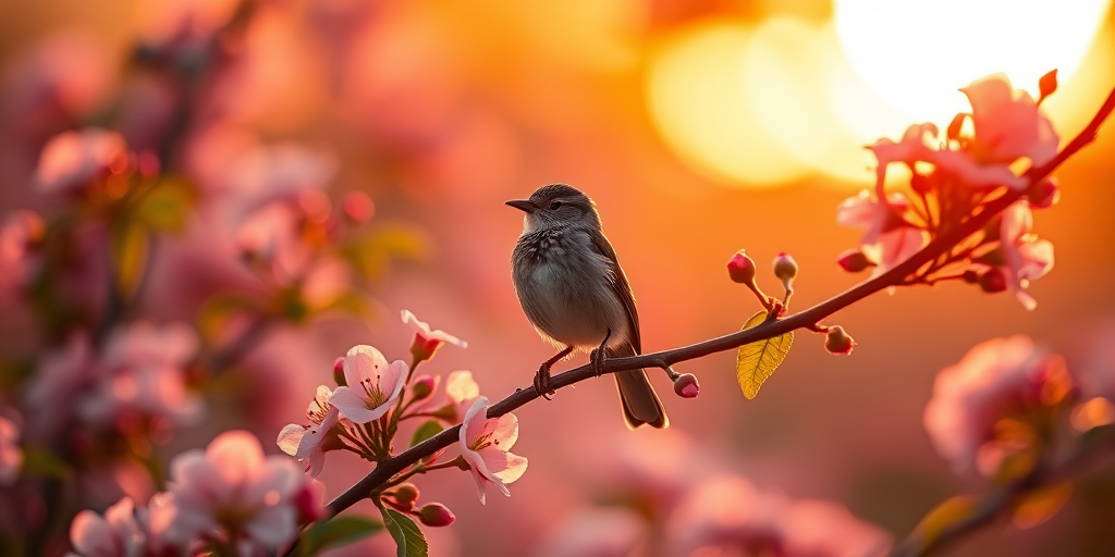 Create a high-resolution image of a bird perched on a branch surrounded by blooming flowers at sunrise, captured with a Canon EOS 5D Mark IV, 50mm lens, f/1.8 aperture, ISO 100, at golden hour for warm lighting and soft bokeh effect.