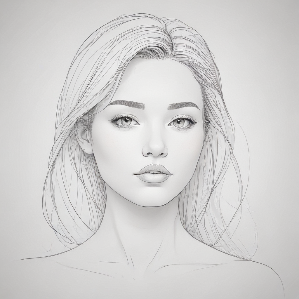 Elegant Line Art Portrait of a Beautiful Woman with Flowing Hair