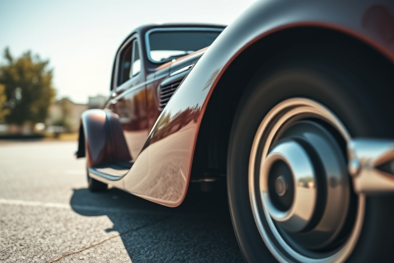 Generate an image of a vintage car from the 1930s with a sleek design, captured with a Canon EOS R5 at f/2.8, ISO 100, 1/200s, using a wide-angle lens and a low-angle perspective for dramatic effect, emphasizing its curves and details, in bright daylight.