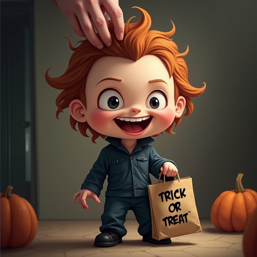 A whimsical caricature of a child version of Michael Myers, grinning mischievously. He is held by the hand of an unrecognizable person (only their hand visible), while holding a bag labeled 'Trick or Treat.' His facial expression is playful yet slightly menacing, reflecting his iconic figure. The scene is in portrait format with a Halloween theme, featuring exaggerated cartoon details like big eyes, a small body, and a creepy yet light-hearted tone.