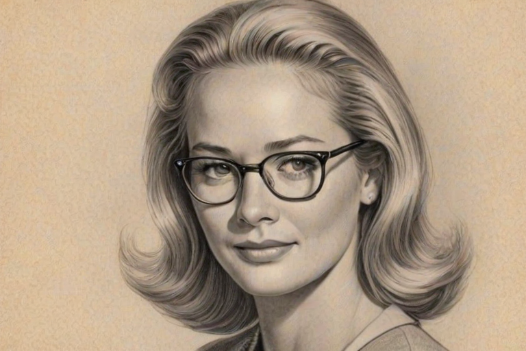 Elegant Cybill Shepherd, pencil sketch, portrait of Exquisite woman 1948s in glasses, hair style beatnik, outline, clear lines, fine lines, 8k