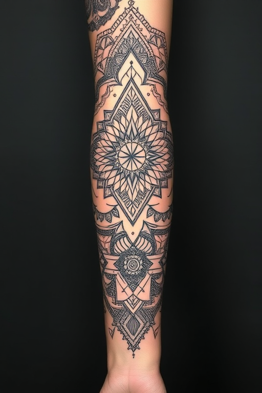 Intricate blackwork geometric tattoo covering the entire arm, showcasing precise linework and intricate patterns inspired by sacred geometry, with subtle dotwork shading for depth and dimension