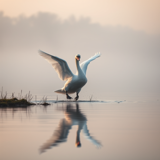 A serene scene of a swan taking off from a misty river at dawn, with soft lighting and a focus on the water's surface, captured with a DSLR camera at f/4.0, 1/200s shutter speed, ISO 200, shot from a low angle to emphasize the swan's wings fully extended and the surrounding fog to enhance depth and mood.