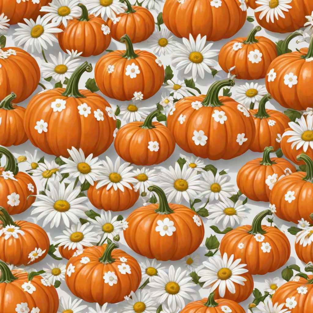 a whimsical orange pumpkin with white daises pattern covering the pumpkin. Solid white background sublimation vector 3000dpi 32k