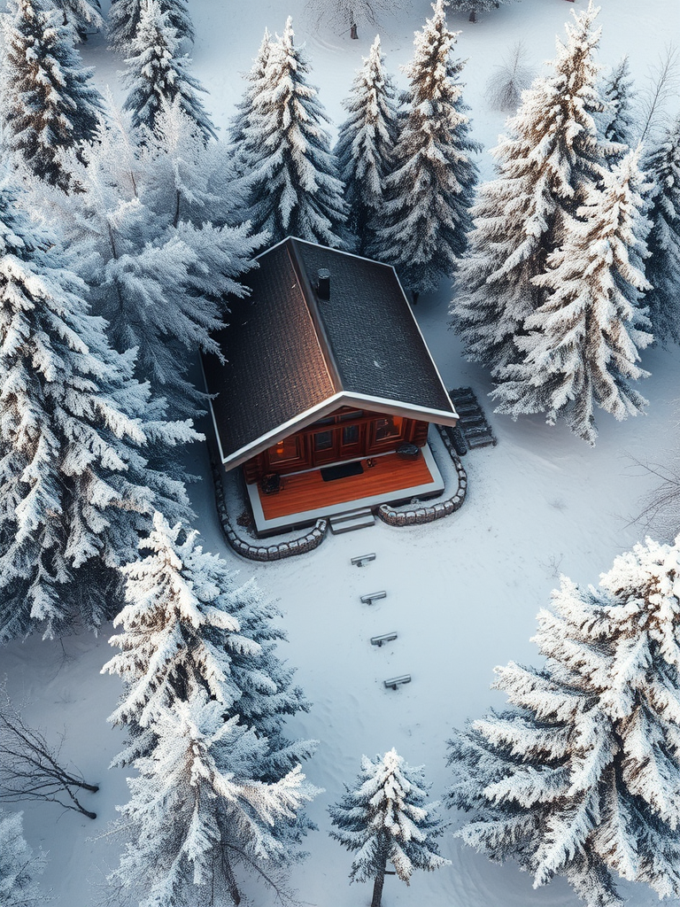 A serene winter landscape featuring a cozy wooden cabin surrounded by frosted trees and snow, captured with a DSLR camera, 50mm lens, f/2.8, ISO 100, 1/200 sec, natural light, aerial view, emphasizing the contrast between the cabin and the snowy surroundings.