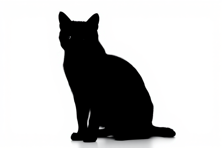 Generate an image of a minimalist black cat silhouette on a white background, captured with a DSLR camera, 50mm lens, aperture f/1.8, ISO 100, in soft natural lighting and centered composition.