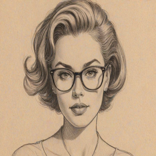 Sublime Dominique Jackson, pencil sketch, portrait of Gorgeous woman 1954s in glasses, hair style beatnik, outline, clear lines, fine lines, 8k