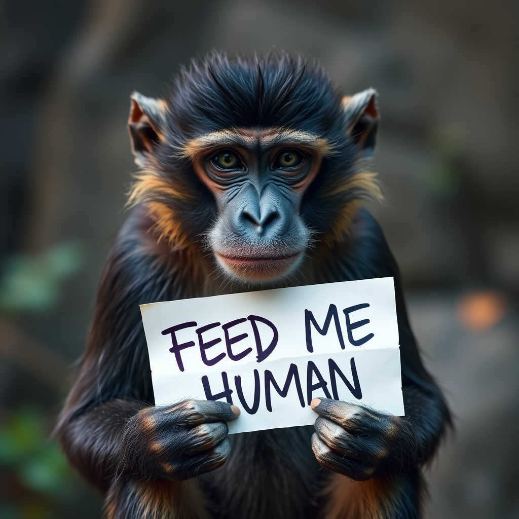 monkey holding a note which says "FEED ME HUMAN"