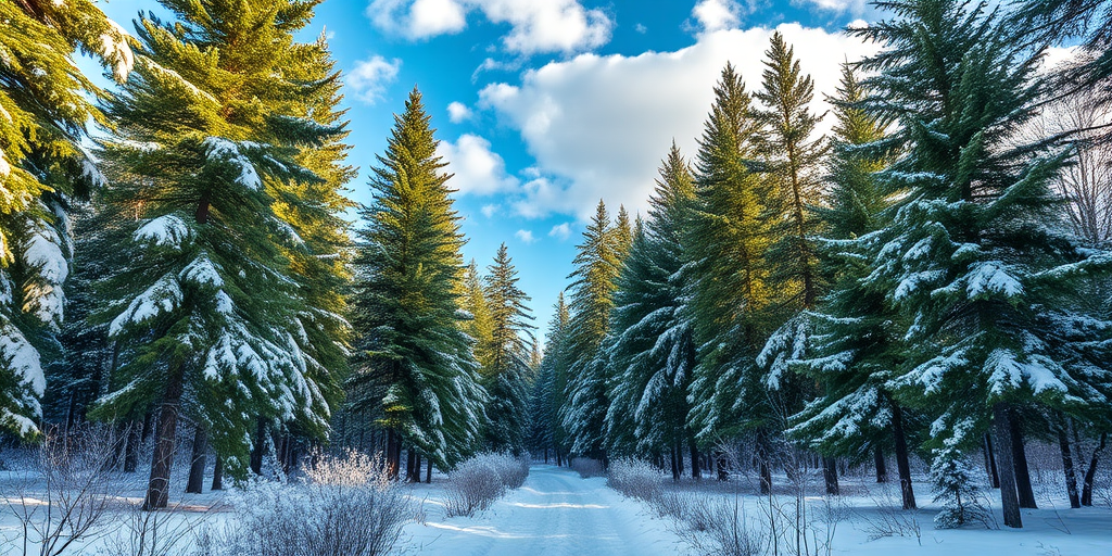 generate a high-resolution winter landscape image featuring a snowy forest trail surrounded by tall evergreen trees, bright blue sky with fluffy clouds, captured with a Canon EOS R5 at 24mm f/8 ISO 100, using a wide-angle lens and natural lighting for enhanced detail and vibrant colors