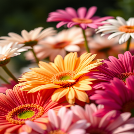 High-resolution close-up of a variety of gerbera daisies in soft natural light, aperture f/2.8, ISO 100, shutter speed 1/60, with a shallow depth of field to emphasize the vibrant colors and details, taken with a DSLR camera.