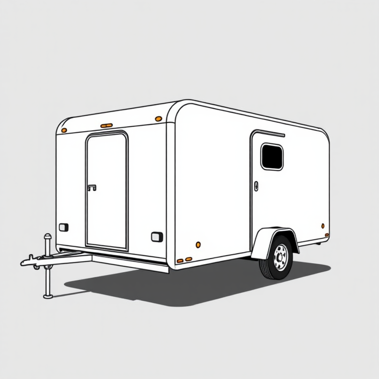 Regenerate an illustration of a trailer with a minimalist design, using a high-resolution vector style, camera settings: ISO 100, aperture f/4, shutter speed 1/200s, camera view from a slight angle showing the side and back, camera style: detailed line art with shading, camera type: digital illustration.