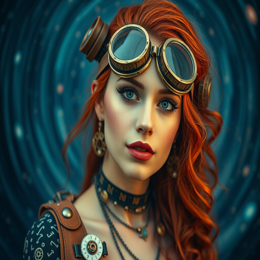 A steampunk-inspired woman with intricate gear accessories and goggles, surrounded by a cosmic background of swirling galaxies, shot with a Canon EOS R5, 50mm lens, f/1.8, ISO 100, natural lighting, focus on her expression, high dynamic range for rich colors.