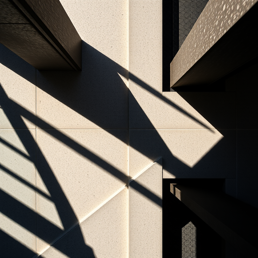 Create an abstract image featuring geometric shapes with sharp contrasts, use a DSLR camera with 50mm lens, aperture set to f/1.8, ISO 200, shot from a top-down view, in natural lighting to enhance shadows and depth.