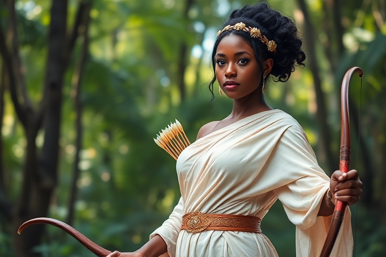 Create a portrait of a goddess-like Afro-Caribbean girl figure in a tranquil, forested environment. She has an elegant appearance with long, wavy hair styled in an updo and adorned with a delicate, floral headband. She wears a flowing, ancient Greek-inspired gown in a soft, pale color, featuring a one-shoulder design and draped fabric that accentuates her graceful form. The outfit includes a decorative belt with ornate gold detailing, and she holds a bow in her hand, with a quiver of arrows slung over her shoulder. The background depicts lush greenery, with sunlight filtering through the trees, casting a gentle, ethereal light on the scene. Her expression is calm and contemplative, embodying a sense of wisdom and serenity.