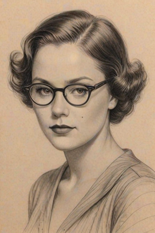 Elegant Raven Goodwin, pencil sketch, portrait of Wonderful woman 1933s in glasses, hair style beatnik, outline, clear lines, fine lines, 8k
