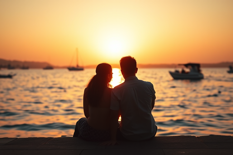 Generate a romantic sunset scene with a silhouette of a couple sitting by the water, golden hues reflecting on the surface, boats in the distance, shot with a Canon EOS 5D Mark IV at f/8, ISO 100, 50mm lens, soft focus style, wide-angle view.