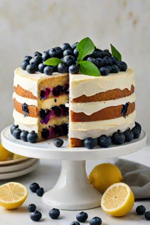 Create a visually appealing image of a layered cake decorated with fresh blueberries, lemon slices, and green leaves. The cake should be placed on a decorative cake stand, with a simple background that enhances its colors. Include soft, natural lighting to give the scene a fresh and inviting feel.