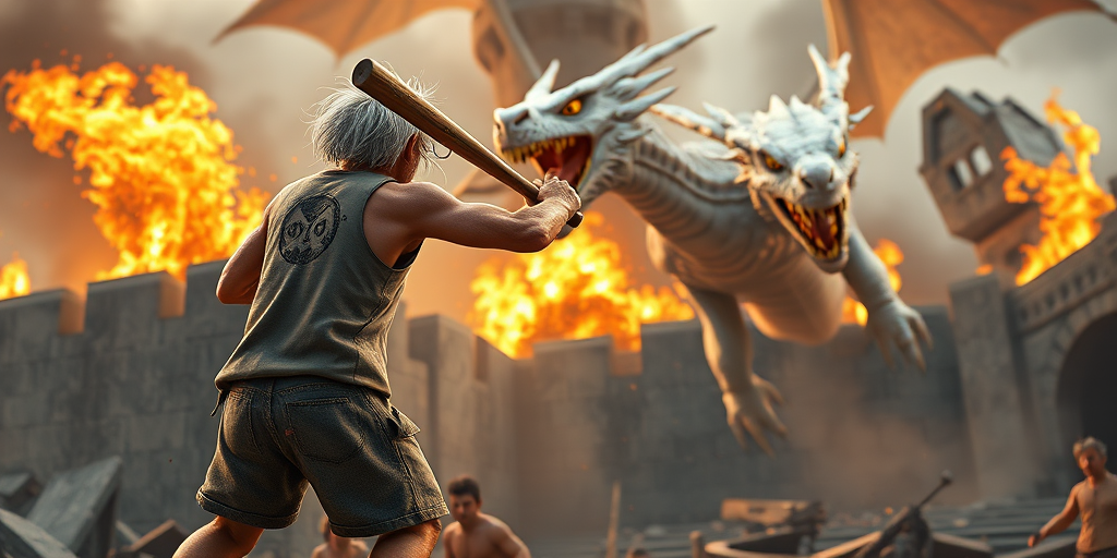 Cartoon 3D High-Resolution,dynamic battle scene using Unreal Engine 5 and Octane Render. The scene features back of an elderly, thai man with a beard,messy hair and round golden-rimmed glasses. He is wearing a tattered tank top with soot marks, shorts, and sandals. sweating. he wields a baseball bat. He jump to fight with a white fire-breathing Europe dragon amidst a partially destroyed stone castle. Include intense flames, smoke, and debris to enhance the dramatic effect.
