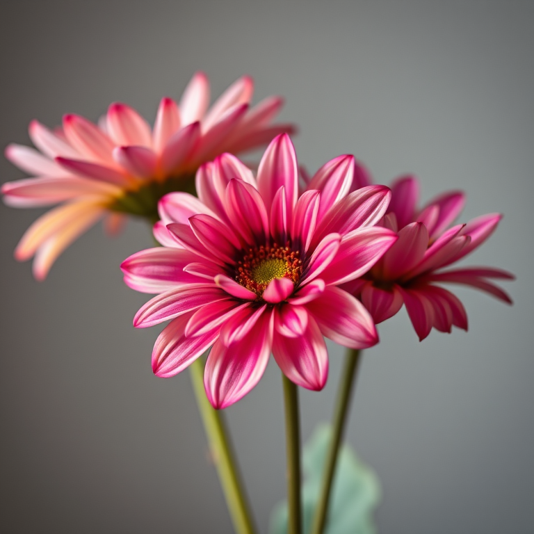 high-resolution image of three blooming flowers with gradient colors, macro lens, f/2.8 aperture, ISO 100, 50mm focal length, natural lighting, soft focus background, studio shot.