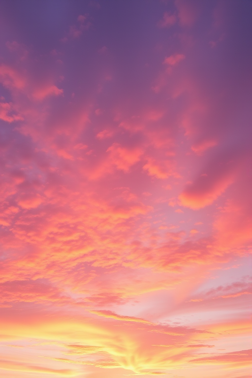 create a vibrant sunset sky with soft pink and purple clouds, use a Canon EOS R5 camera with a 50mm lens, set aperture to f/2.8, ISO 100, and shutter speed 1/200s, capture from a wide-angle view for an expansive feel, in digital art style for enhanced quality