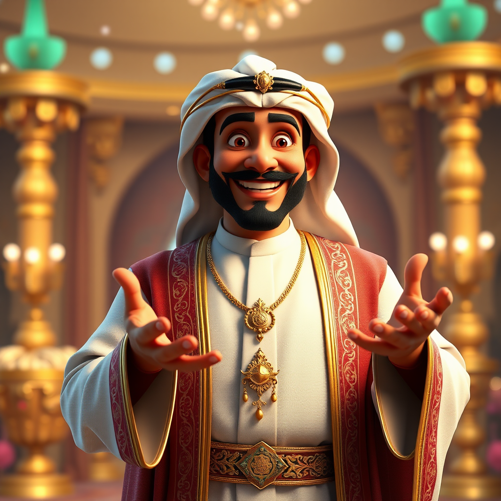 Create a 3D rendering of a wealthy Arab male sheikh from Dubai, inspired by the Disney animation style. The sheikh must have a smile and a playful but wise character. Place your character in an atmosphere of wealth and luxury. The image must be in high resolution format. Dynamic pose above the waist, gesturing with hands (Pixar Art style)++ highly detailed digital painting, art stations, concept art, soft focus, hard focus, illustrations. cinematic, visual effects, HDR, Unreal Engine 5, ray tracing, soft light, 8k, high detail, sparkling backlighting, luxury gem, game art, 3d, cartoon, colorful, magical, mysterious