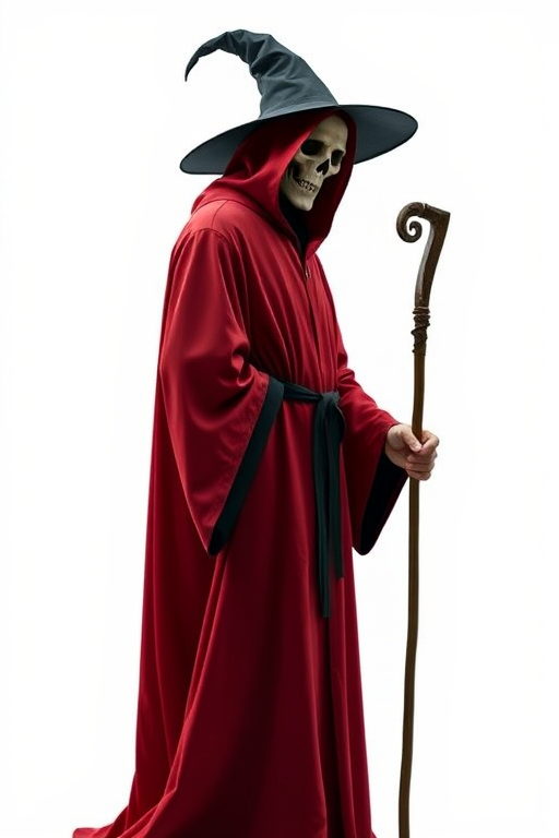 Create a high-resolution illustration of a plague doctor in a long red robe with a black hat, holding a stick, standing in a minimalist white background, shot with a Canon EOS R5 at f/4, 1/125 sec, ISO 100, in portrait orientation, using a soft lighting setup for enhanced details.