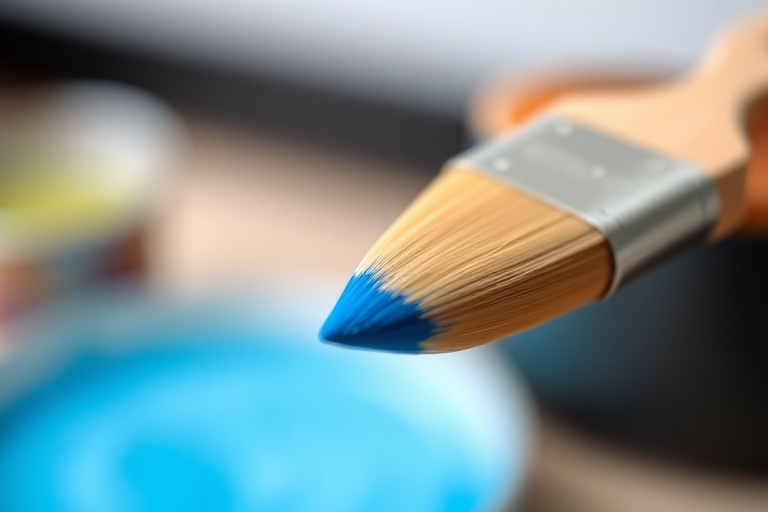Generate a high-resolution image of a paintbrush with a wooden handle and blue tip, focusing on the bristles, using a DSLR camera with a 50mm lens, f/2.8 aperture, ISO 100, and a shallow depth of field to enhance detail and clarity, captured in a soft natural light studio setting.