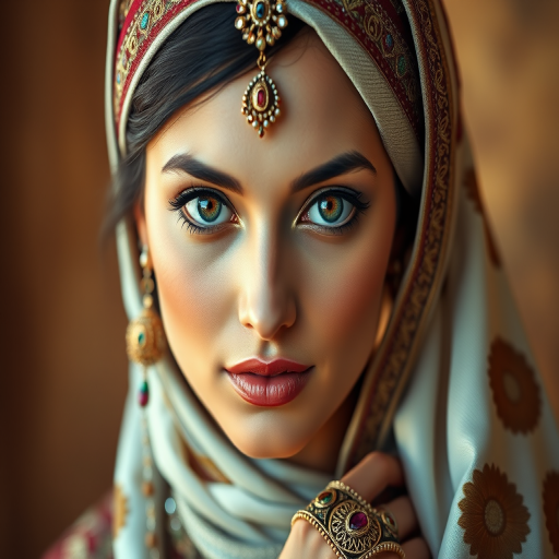 Create a portrait of a beautiful Middle Eastern woman with striking brown eyes and a gentle expression. She is adorned in traditional attire with intricate patterns, including a richly embroidered headscarf and matching garments. Her jewelry includes a delicate headpiece, dangling earrings, and ornate bracelets, all featuring vibrant gemstones and detailed metalwork. The background is soft and warm, enhancing the rich colors of her outfit and jewelry.