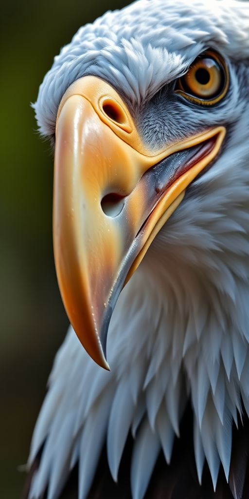 High-resolution close-up of a bald eagle portrait, natural light, aperture f/2.8, shutter speed 1/500s, ISO 200, 85mm prime lens, crisp focus on the eyes with a blurred background, showcasing detailed feathers and sharp beak.