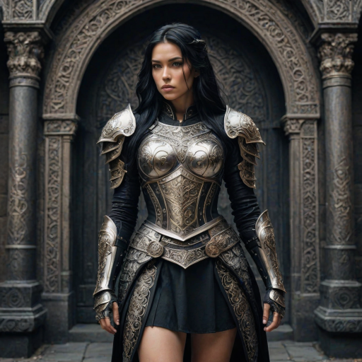 Create a photo of a fierce female warrior with long black hair, wearing an ornate, metallic armor. The armor includes a breastplate with intricate designs, shoulder guards, and gauntlets. The breastplate is decorated with a central emblem, possibly representing a mythical symbol, and has a sculpted, form-fitting design. She wears a belt with a large skull ornament at the center, and her armor extends into a partial skirt, revealing one leg. The overall look is both protective and stylish, with a dark, gothic aesthetic. The background is dimly lit, suggesting a medieval or fantasy setting, enhancing the warrior's imposing presence and intense expression.