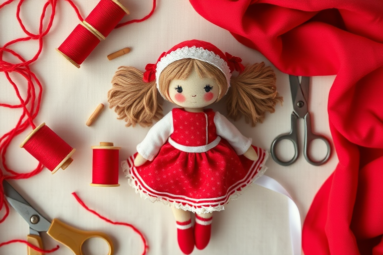 A top-down view of a handmade doll dressed in a red and white outfit, surrounded by sewing materials like red thread, spools, scissors, and fabric, taken with a DSLR camera at f/4 aperture, 50mm focal length, ISO 100, with natural soft lighting to enhance colors and textures.