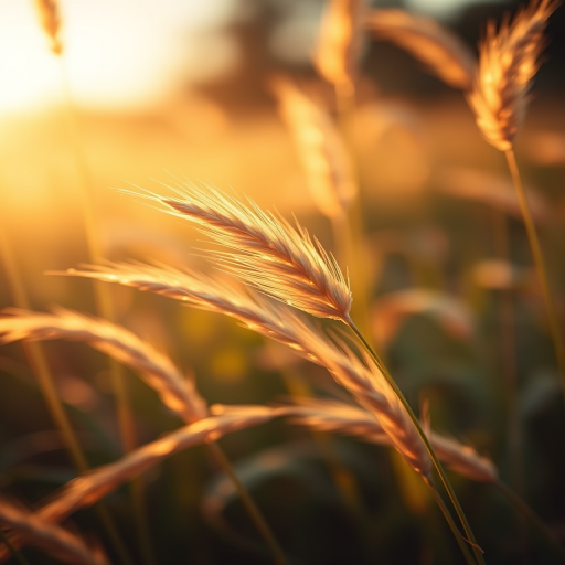 Capture a close-up of golden grass swaying gently in the breeze during golden hour with a shallow depth of field using a DSLR camera, f/2.8 aperture, 50mm lens, ISO 200, and soft natural lighting for enhanced image quality.