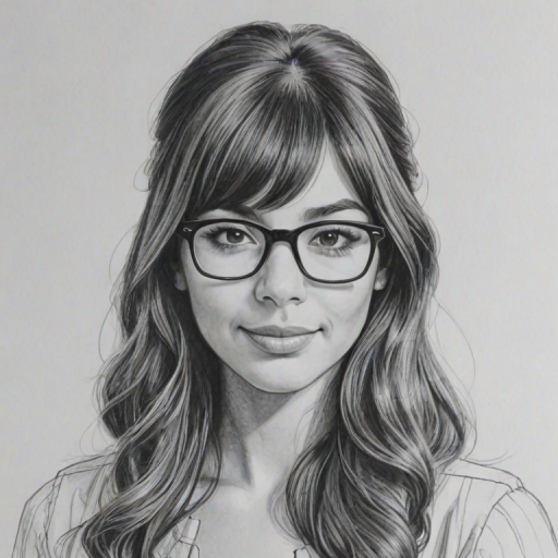 Comely Hannah Simone, pencil sketch, portrait of Radiant woman 1964s in glasses, hair style beatnik, outline, clear lines, fine lines, 8k
